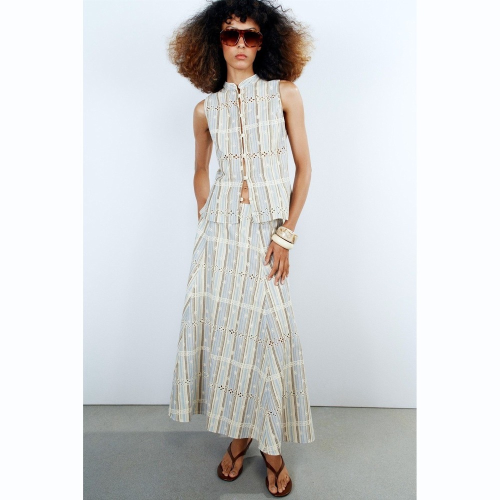 ZARA FRANCE | Eyelet Embroidered Skirt Set Womens M/L Blue Striped Boho Co-ord